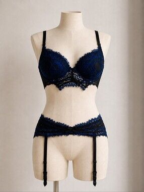 La Senza Blue & Black Lace Padded Bra 36A & Suspender Belt Set Medium